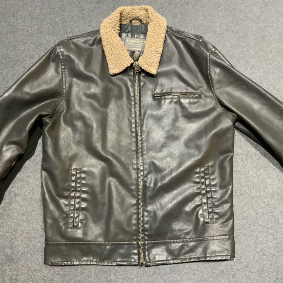 Vintage AEROPOSTALE VEGAN Leather BOMBER JACKET Men's‎ Large Fleece DISTRESSED - Picture 1 of 9